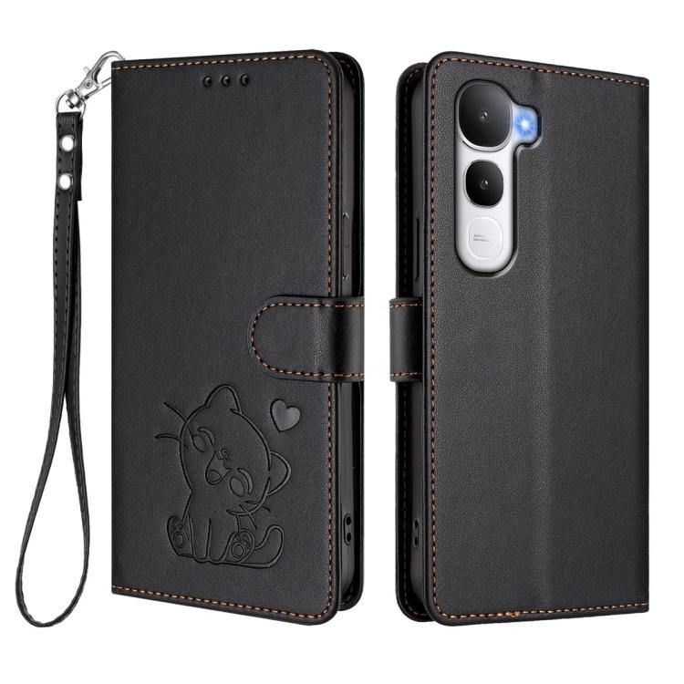 For vivo Y400 5G Embossed Heart Cat Leather Phone Case with Hand Strap