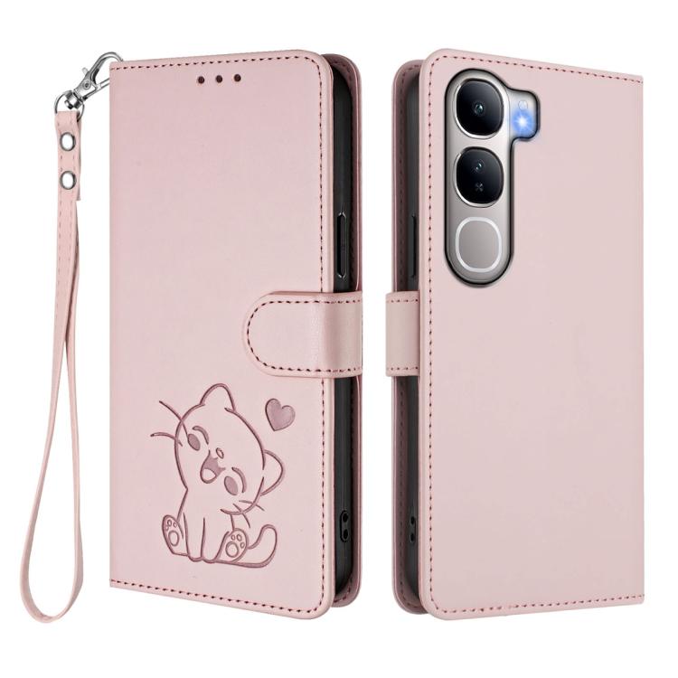 For vivo Y300 / V40 Lite 4G / 5G IDN Embossed Heart Cat Leather Phone Case with Hand Strap