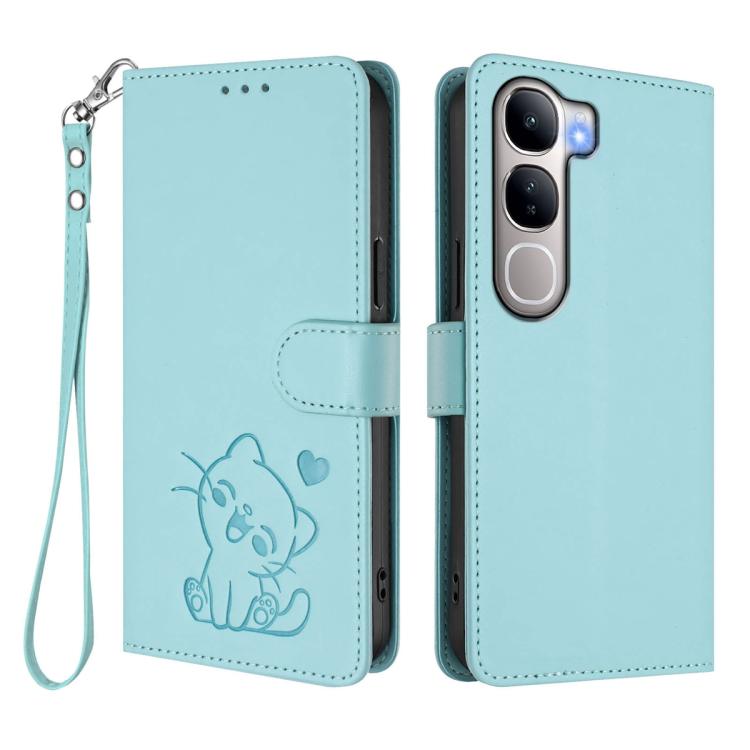 For vivo Y300 / V40 Lite 4G / 5G IDN Embossed Heart Cat Leather Phone Case with Hand Strap