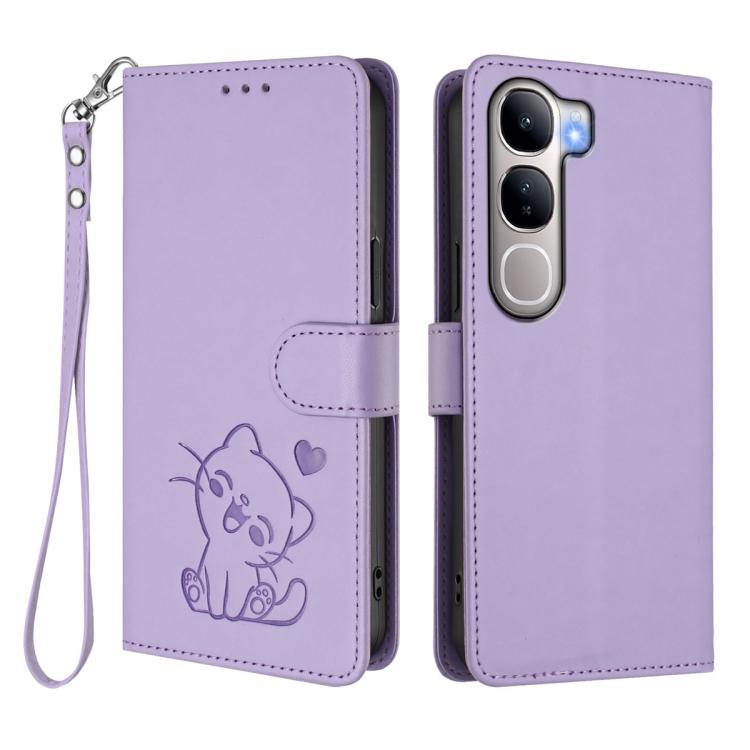 For vivo Y300 / V40 Lite 4G / 5G IDN Embossed Heart Cat Leather Phone Case with Hand Strap