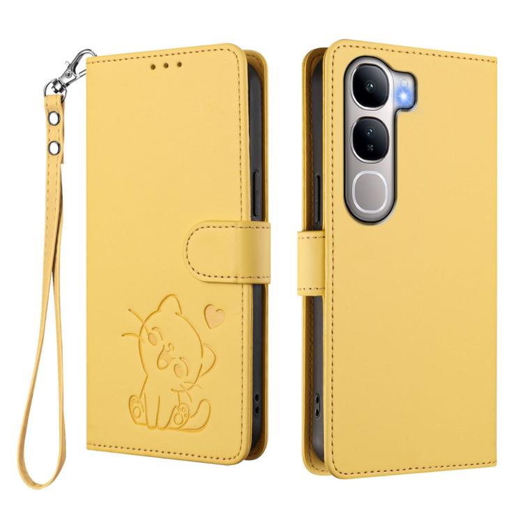 For vivo Y300 / V40 Lite 4G / 5G IDN Embossed Heart Cat Leather Phone Case with Hand Strap
