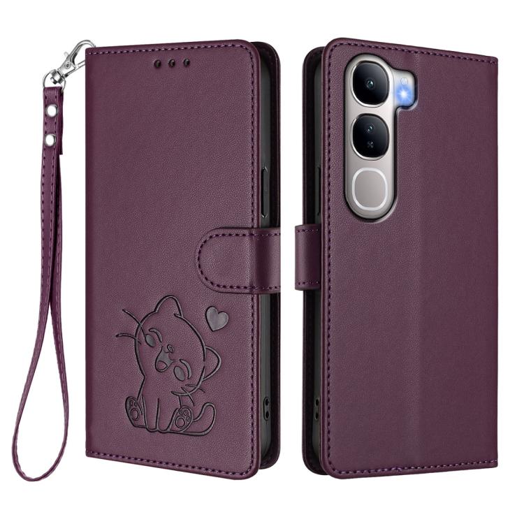 For vivo Y300 / V40 Lite 4G / 5G IDN Embossed Heart Cat Leather Phone Case with Hand Strap