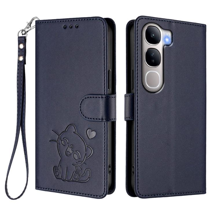 For vivo Y300 / V40 Lite 4G / 5G IDN Embossed Heart Cat Leather Phone Case with Hand Strap