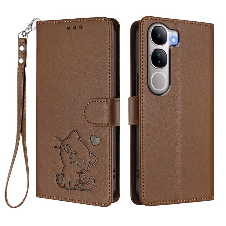 For vivo Y300 / V40 Lite 4G / 5G IDN Embossed Heart Cat Leather Phone Case with Hand Strap