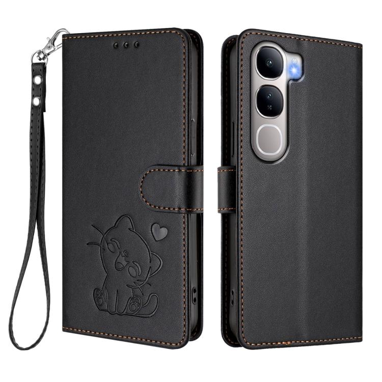 For vivo Y300 / V40 Lite 4G / 5G IDN Embossed Heart Cat Leather Phone Case with Hand Strap