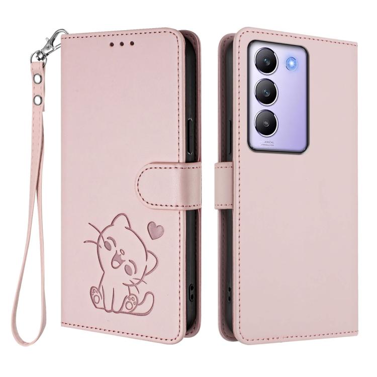 For vivo Y100 4G IDN / V30 Lite 4G / V30 SE Embossed Heart Cat Leather Phone Case with Hand Strap