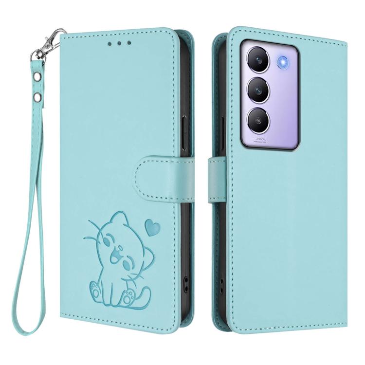 For vivo Y100 4G IDN / V30 Lite 4G / V30 SE Embossed Heart Cat Leather Phone Case with Hand Strap