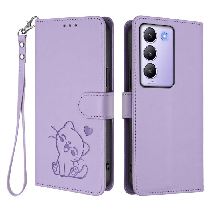 For vivo Y100 4G IDN / V30 Lite 4G / V30 SE Embossed Heart Cat Leather Phone Case with Hand Strap