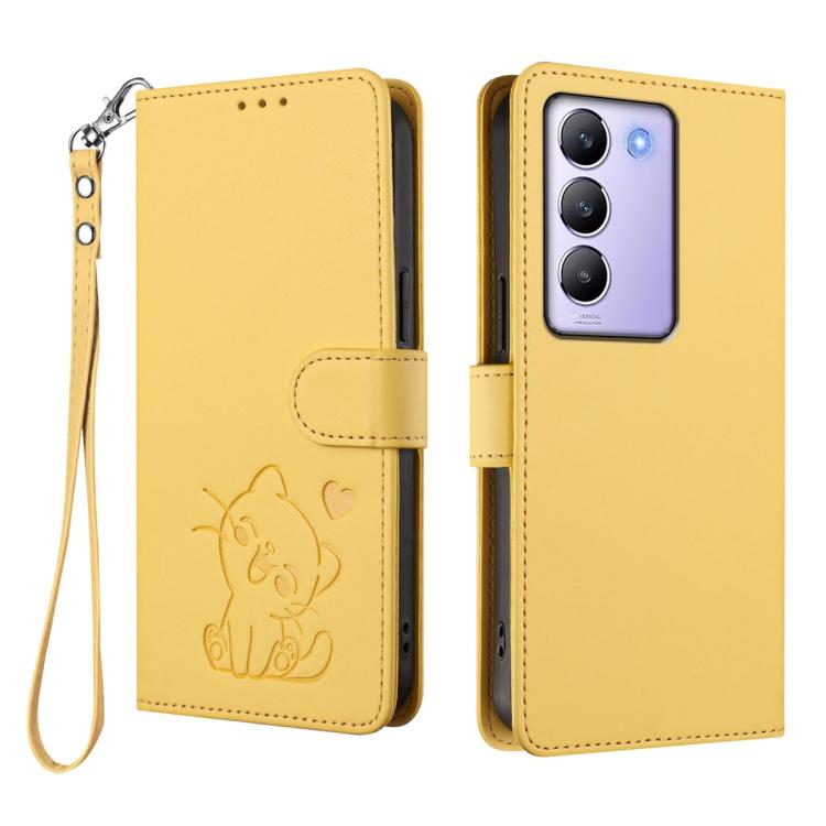 For vivo Y100 4G IDN / V30 Lite 4G / V30 SE Embossed Heart Cat Leather Phone Case with Hand Strap