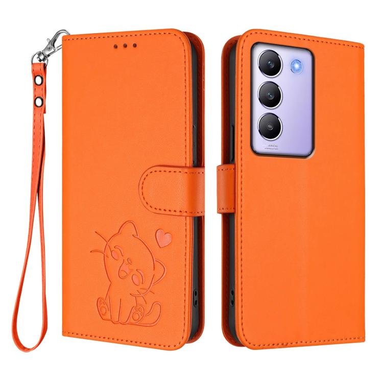 For vivo Y100 4G IDN / V30 Lite 4G / V30 SE Embossed Heart Cat Leather Phone Case with Hand Strap