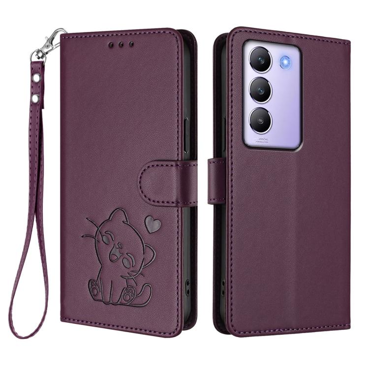 For vivo Y100 4G IDN / V30 Lite 4G / V30 SE Embossed Heart Cat Leather Phone Case with Hand Strap