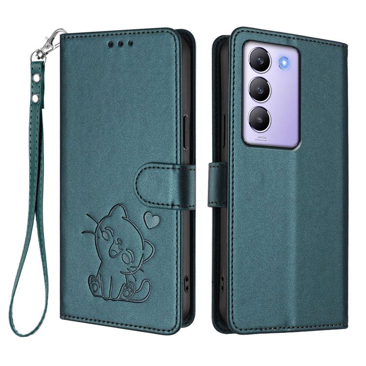 For vivo Y100 4G IDN / V30 Lite 4G / V30 SE Embossed Heart Cat Leather Phone Case with Hand Strap