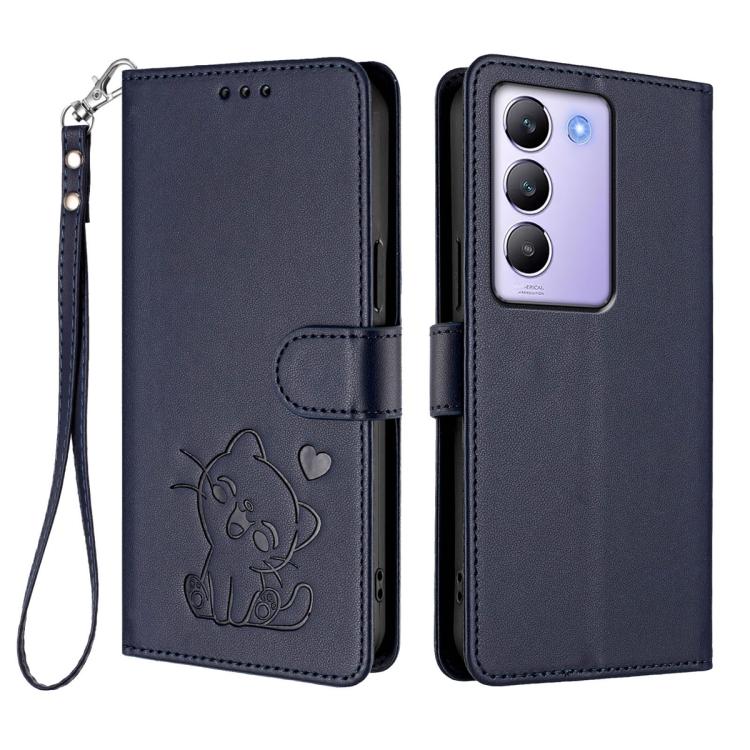For vivo Y100 4G IDN / V30 Lite 4G / V30 SE Embossed Heart Cat Leather Phone Case with Hand Strap