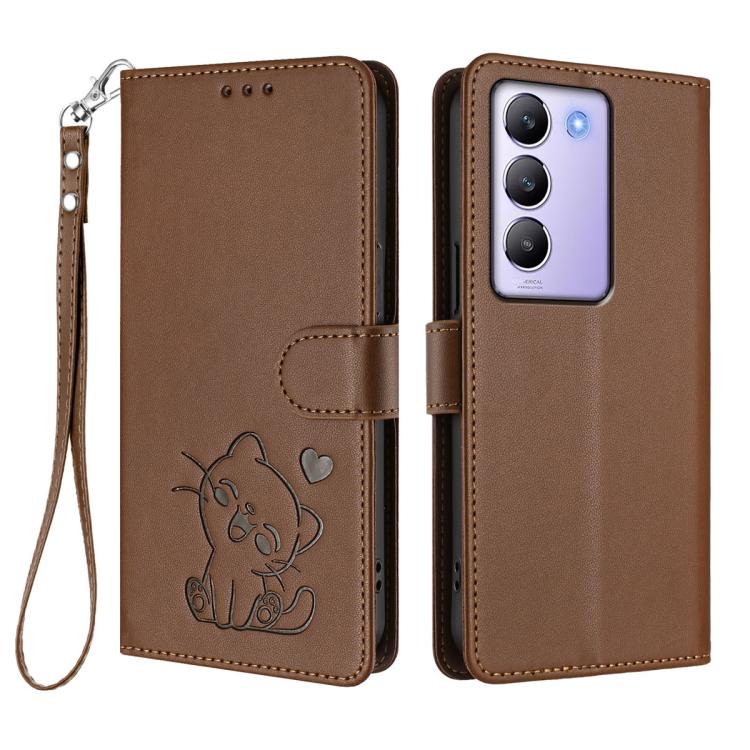 For vivo Y100 4G IDN / V30 Lite 4G / V30 SE Embossed Heart Cat Leather Phone Case with Hand Strap