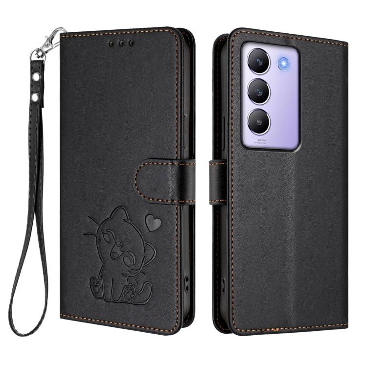 For vivo Y100 4G IDN / V30 Lite 4G / V30 SE Embossed Heart Cat Leather Phone Case with Hand Strap