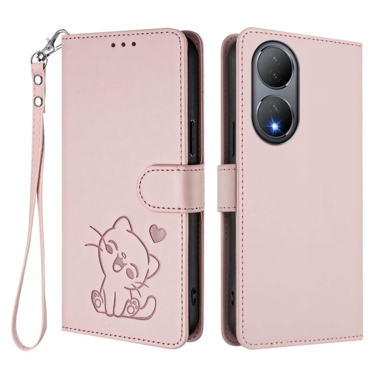 For vivo Y100 5G / vivo Y100A Global Embossed Heart Cat Leather Phone Case with Hand Strap