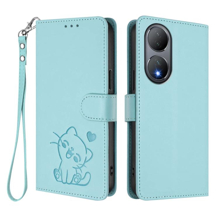 For vivo Y100 5G / vivo Y100A Global Embossed Heart Cat Leather Phone Case with Hand Strap