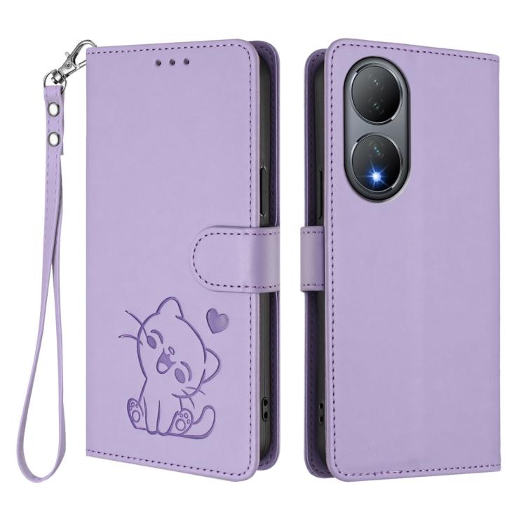 For vivo Y100 5G / vivo Y100A Global Embossed Heart Cat Leather Phone Case with Hand Strap