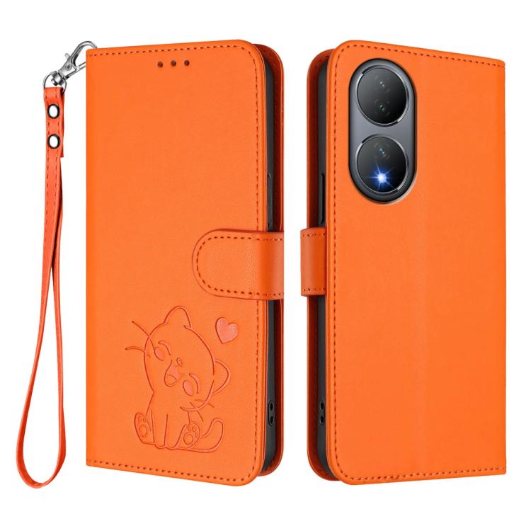 For vivo Y100 5G / vivo Y100A Global Embossed Heart Cat Leather Phone Case with Hand Strap