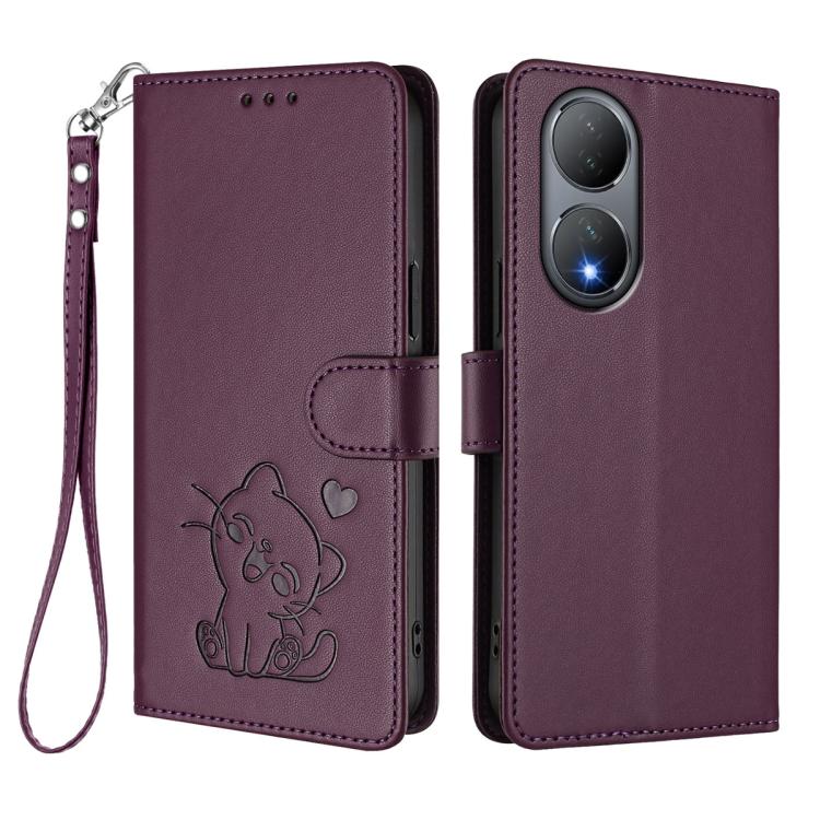 For vivo Y100 5G / vivo Y100A Global Embossed Heart Cat Leather Phone Case with Hand Strap