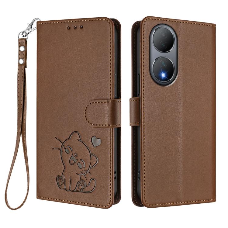 For vivo Y100 5G / vivo Y100A Global Embossed Heart Cat Leather Phone Case with Hand Strap