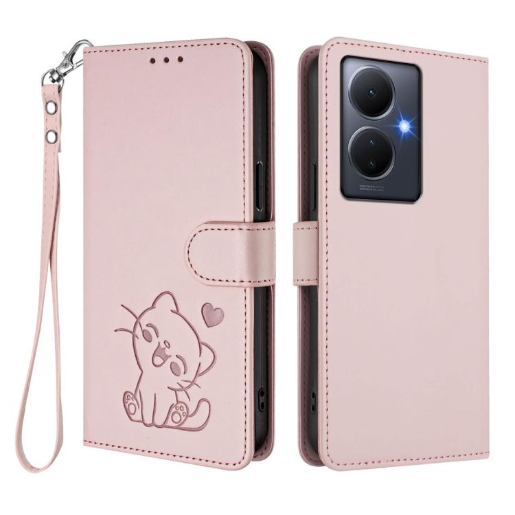 For vivo Y78 / Y78+ / V29 Lite Embossed Heart Cat Leather Phone Case with Hand Strap