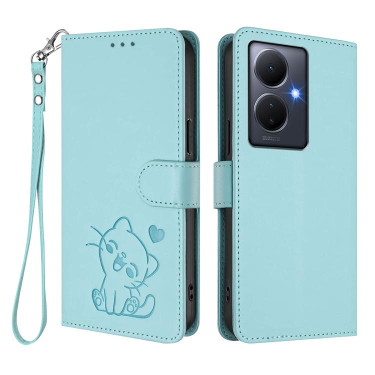For vivo Y78 / Y78+ / V29 Lite Embossed Heart Cat Leather Phone Case with Hand Strap