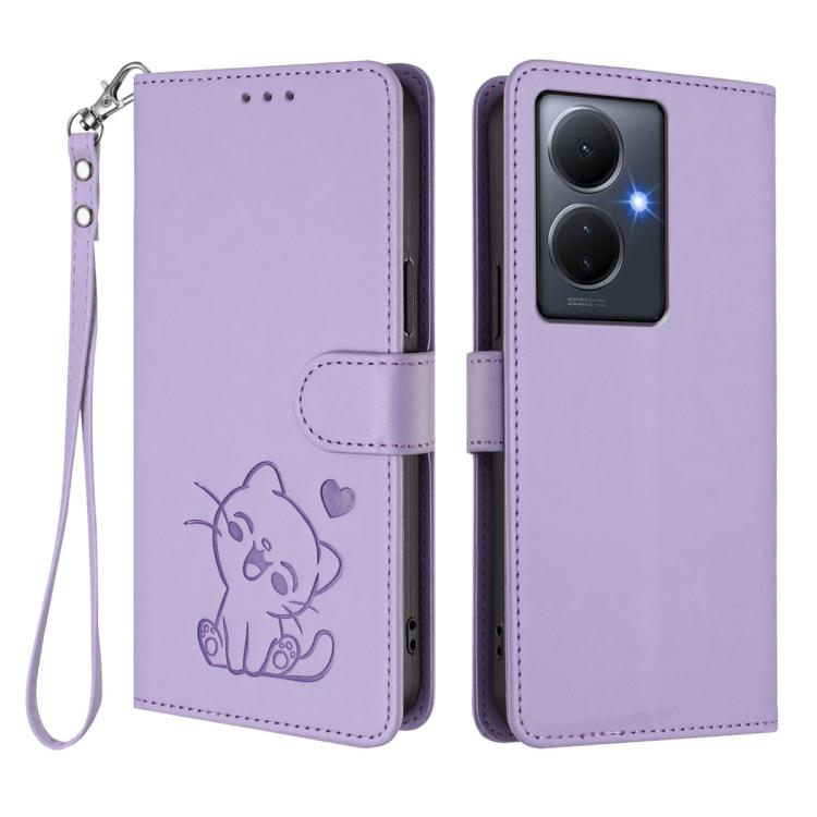 For vivo Y78 / Y78+ / V29 Lite Embossed Heart Cat Leather Phone Case with Hand Strap