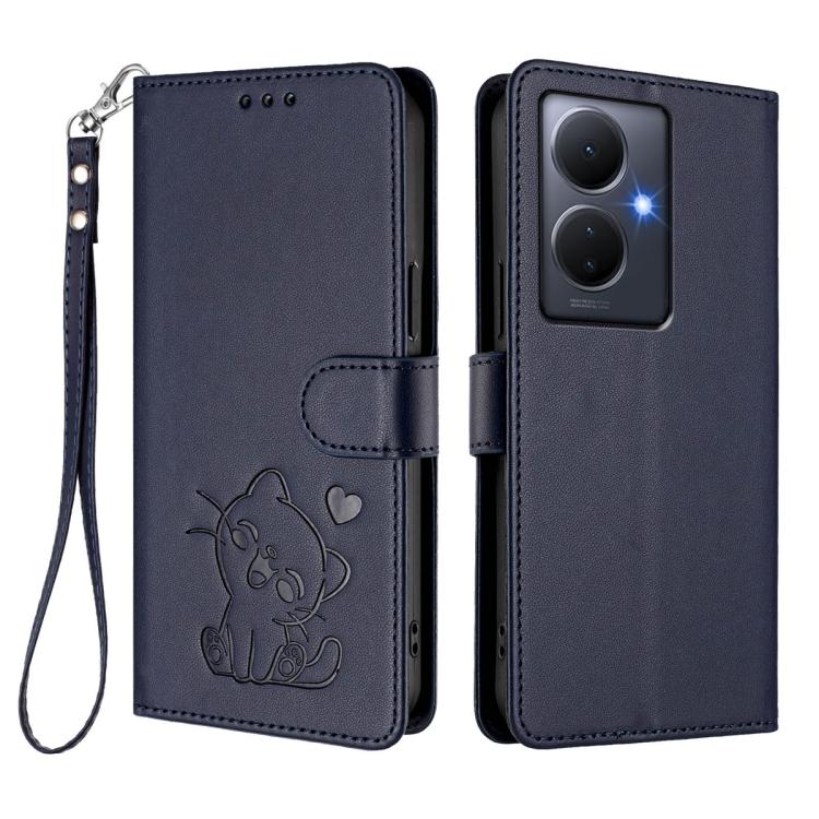 For vivo Y78 / Y78+ / V29 Lite Embossed Heart Cat Leather Phone Case with Hand Strap
