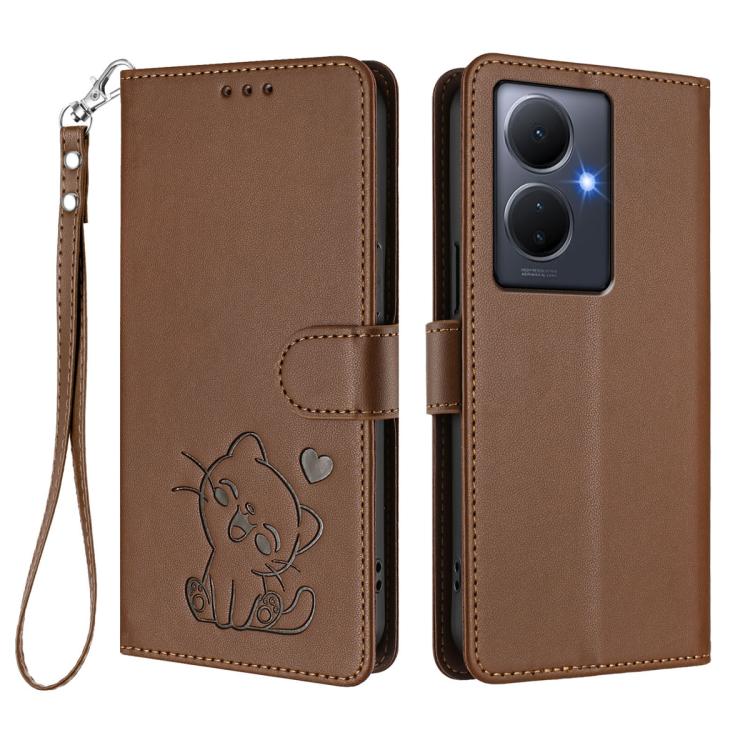 For vivo Y78 / Y78+ / V29 Lite Embossed Heart Cat Leather Phone Case with Hand Strap