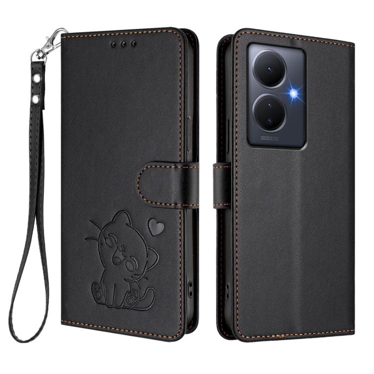 For vivo Y78 / Y78+ / V29 Lite Embossed Heart Cat Leather Phone Case with Hand Strap