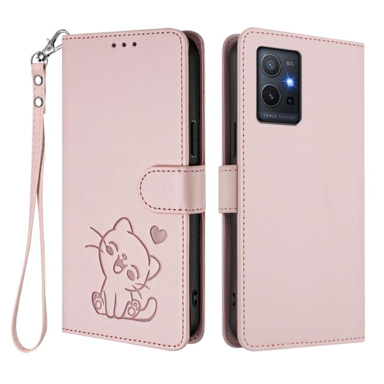 For vivo Y55 5G / Y55s 5G 2023 / Y75 5G Embossed Heart Cat Leather Phone Case with Hand Strap