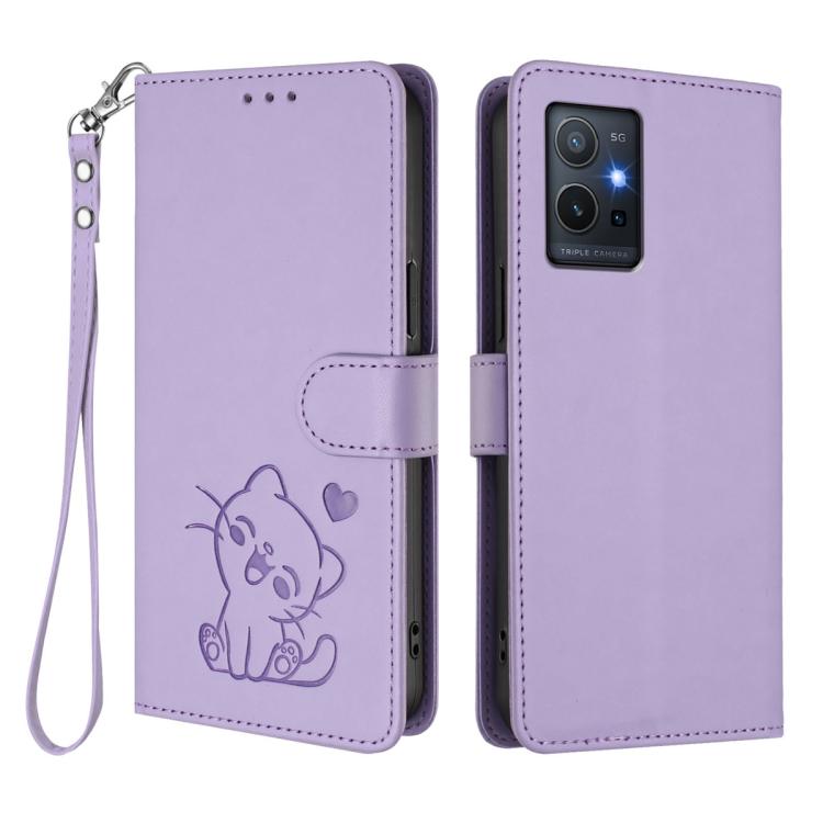 For vivo Y55 5G / Y55s 5G 2023 / Y75 5G Embossed Heart Cat Leather Phone Case with Hand Strap