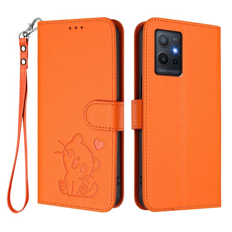 For vivo Y55 5G / Y55s 5G 2023 / Y75 5G Embossed Heart Cat Leather Phone Case with Hand Strap