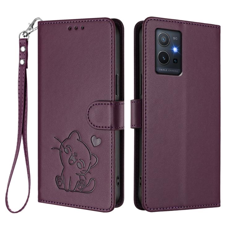 For vivo Y55 5G / Y55s 5G 2023 / Y75 5G Embossed Heart Cat Leather Phone Case with Hand Strap