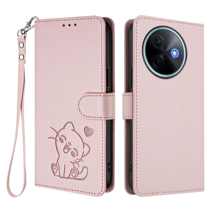 For vivo Y39 5G / vivo Y300i Embossed Heart Cat Leather Phone Case with Hand Strap