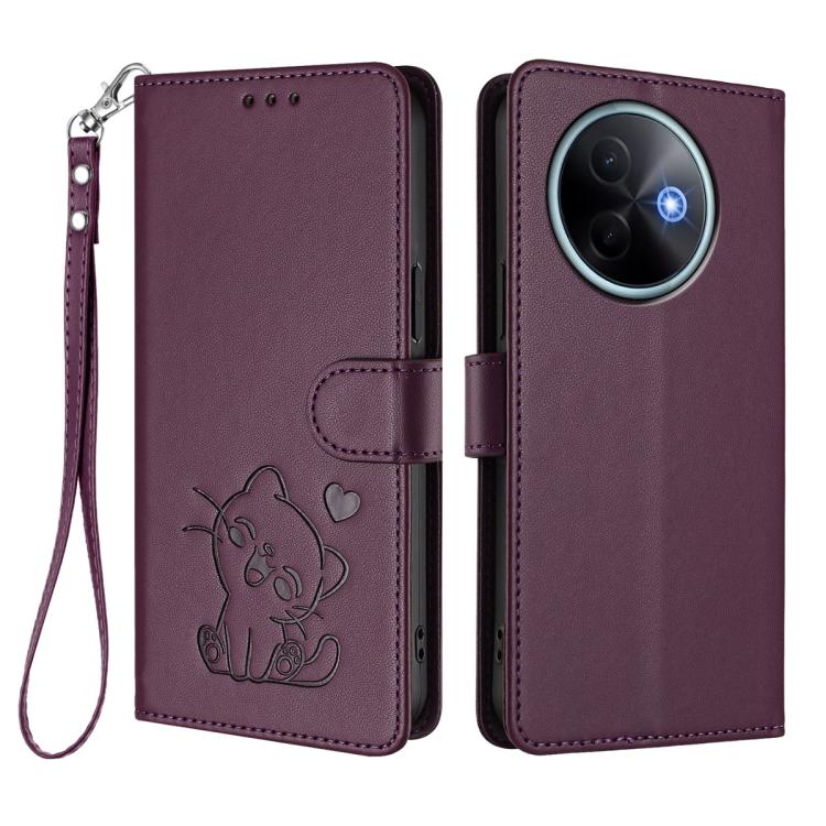 For vivo Y39 5G / vivo Y300i Embossed Heart Cat Leather Phone Case with Hand Strap