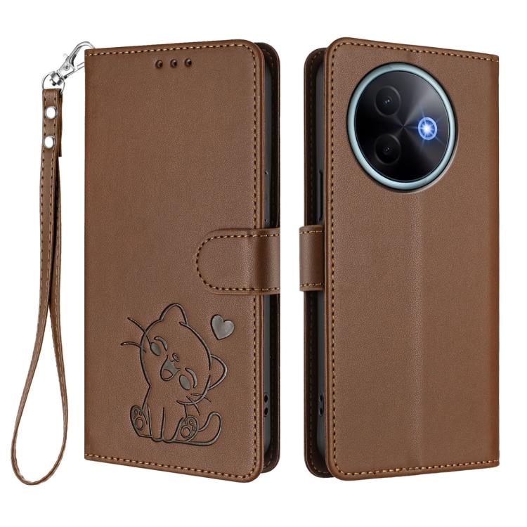 For vivo Y39 5G / vivo Y300i Embossed Heart Cat Leather Phone Case with Hand Strap