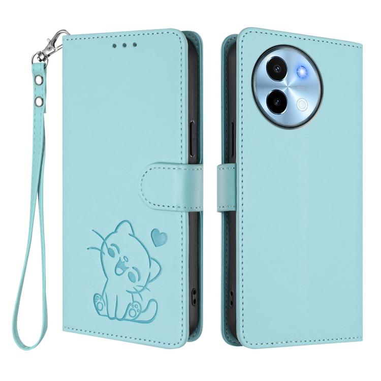 For vivo Y38 / vivo T3x Global Embossed Heart Cat Leather Phone Case with Hand Strap