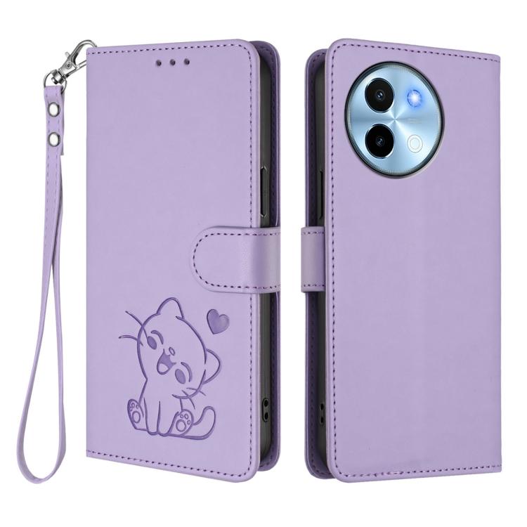 For vivo Y38 / vivo T3x Global Embossed Heart Cat Leather Phone Case with Hand Strap