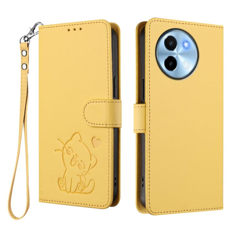 For vivo Y38 / vivo T3x Global Embossed Heart Cat Leather Phone Case with Hand Strap