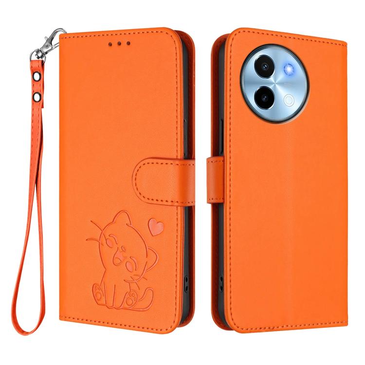 For vivo Y38 / vivo T3x Global Embossed Heart Cat Leather Phone Case with Hand Strap