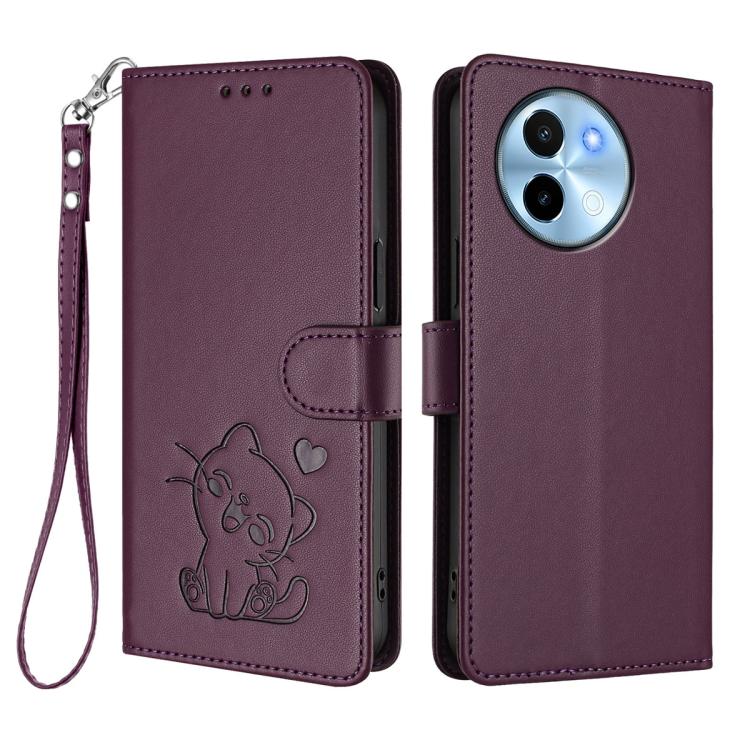 For vivo Y38 / vivo T3x Global Embossed Heart Cat Leather Phone Case with Hand Strap