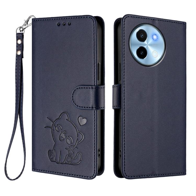 For vivo Y38 / vivo T3x Global Embossed Heart Cat Leather Phone Case with Hand Strap