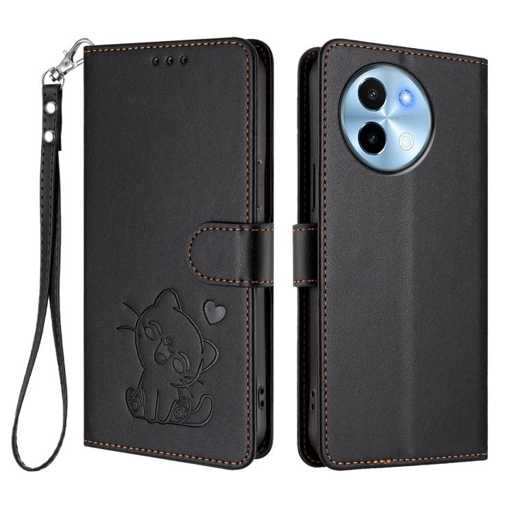 For vivo Y38 / vivo T3x Global Embossed Heart Cat Leather Phone Case with Hand Strap