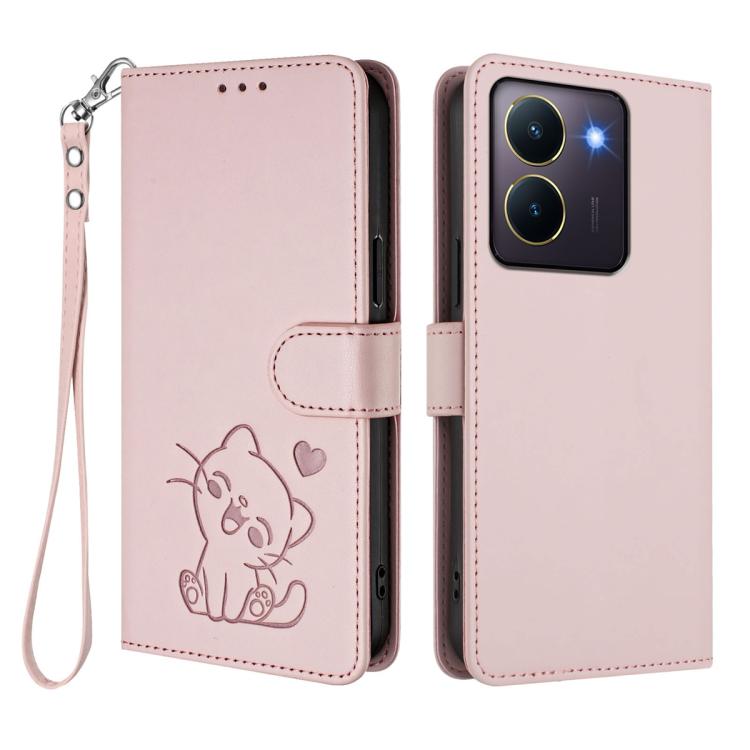 For vivo Y36 5G / 4G / Y27 / Y27s Global Embossed Heart Cat Leather Phone Case with Hand Strap