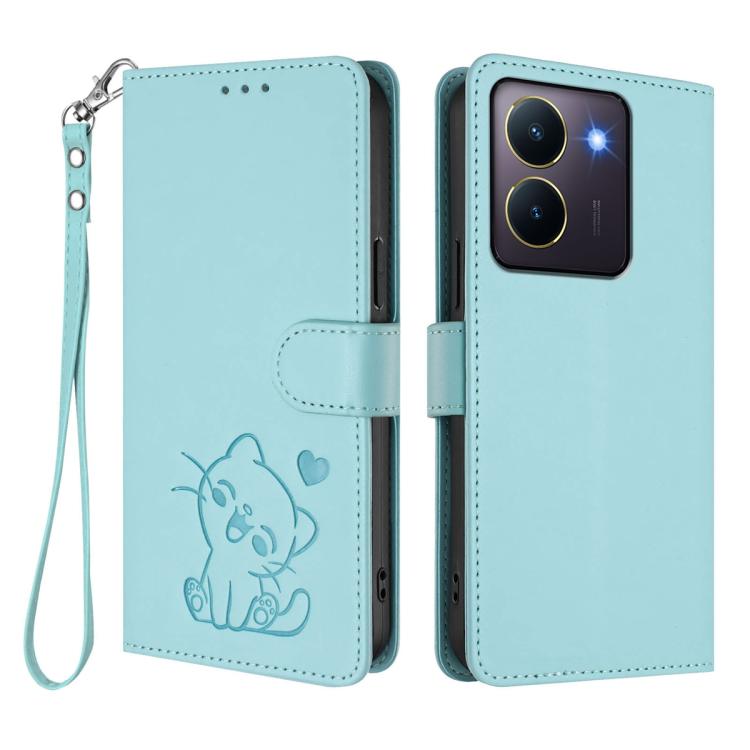 For vivo Y36 5G / 4G / Y27 / Y27s Global Embossed Heart Cat Leather Phone Case with Hand Strap
