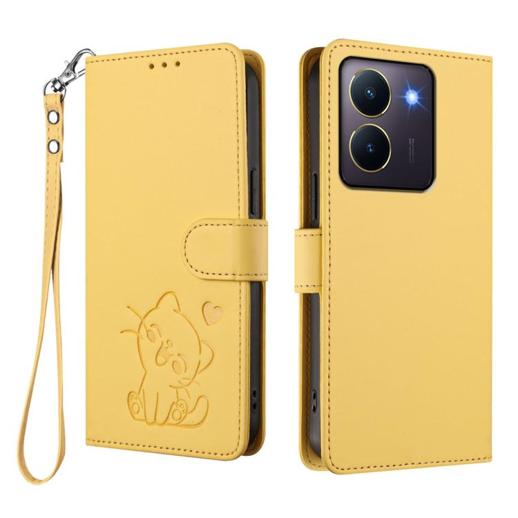 For vivo Y36 5G / 4G / Y27 / Y27s Global Embossed Heart Cat Leather Phone Case with Hand Strap