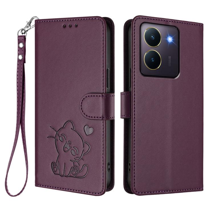 For vivo Y36 5G / 4G / Y27 / Y27s Global Embossed Heart Cat Leather Phone Case with Hand Strap