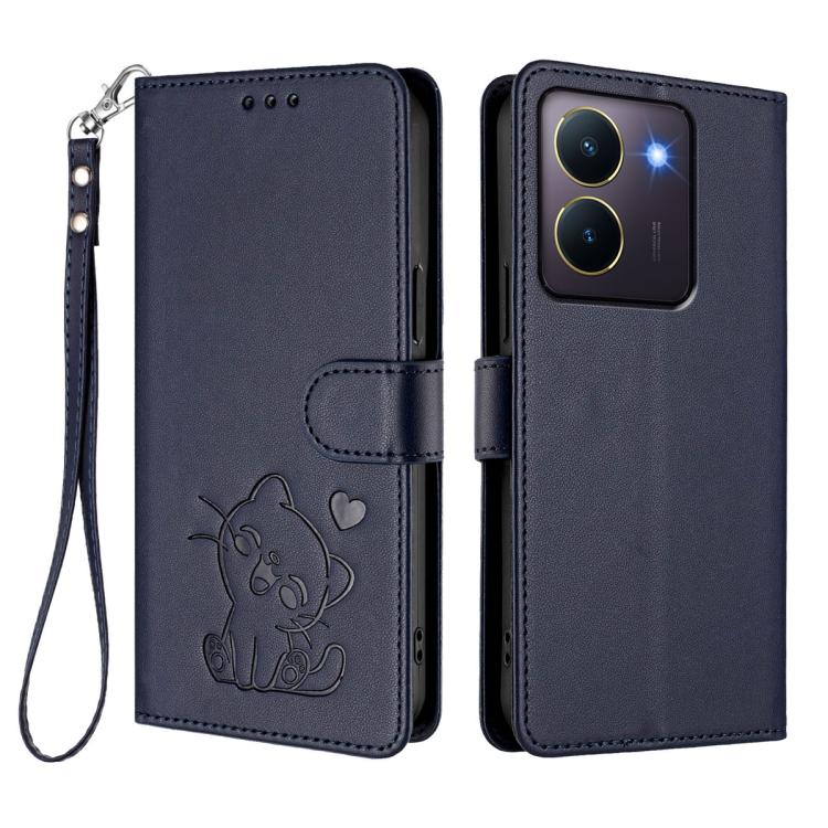 For vivo Y36 5G / 4G / Y27 / Y27s Global Embossed Heart Cat Leather Phone Case with Hand Strap